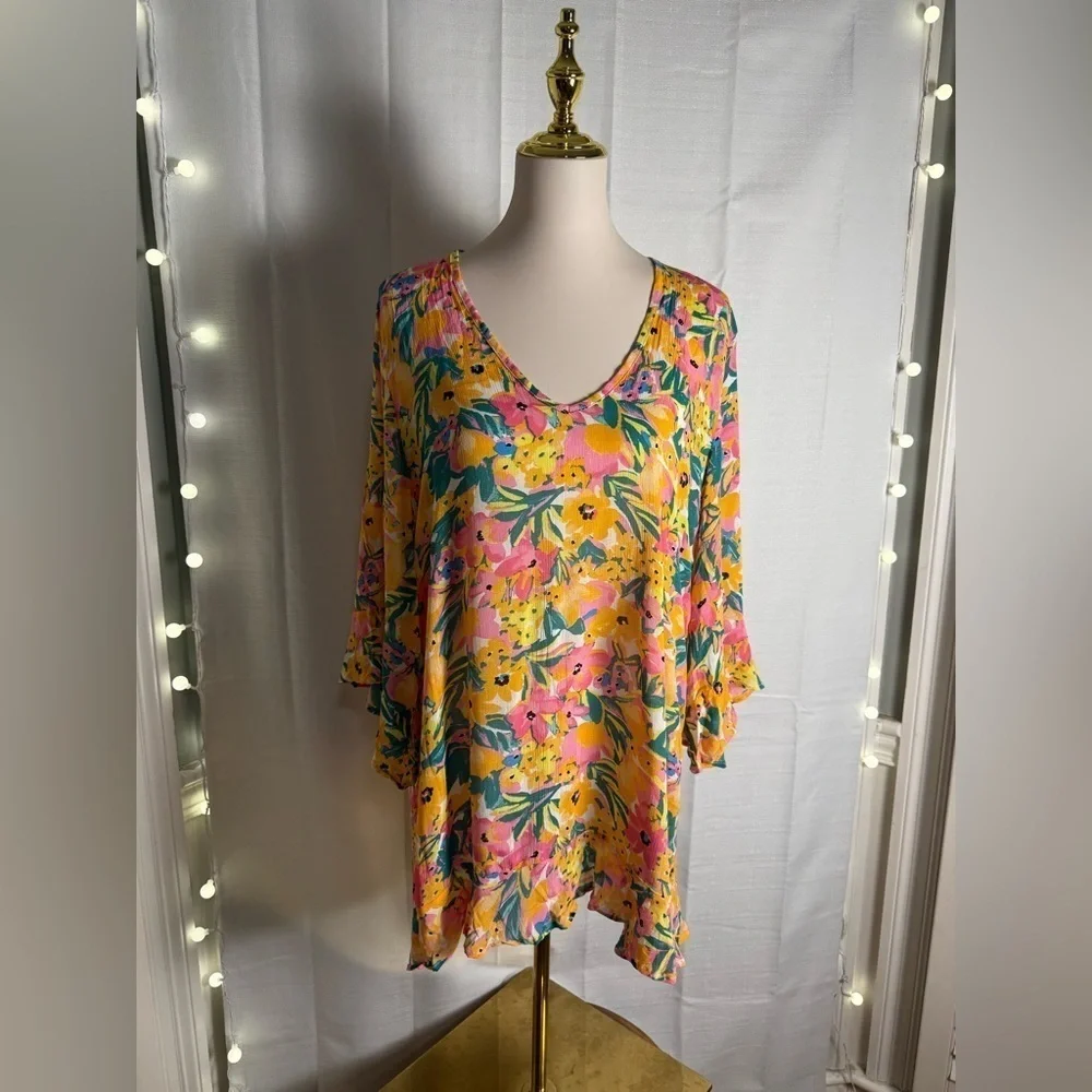 Anne Cole Floral Oversized Swim Coverup - Pink and Yellow XS